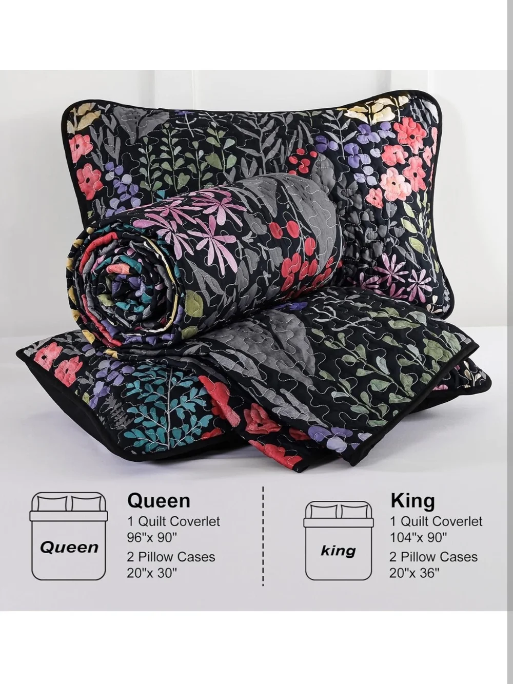 Floral Garden Queen Quilt Set - Black with Multicolor Flowers